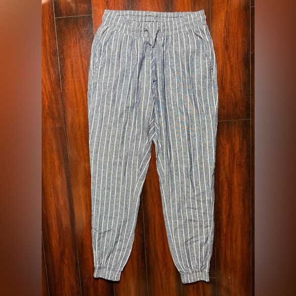 Revamped Joggers Womens Large Blue Striped Linen Draw String Pants NEW - Picture 1 of 8